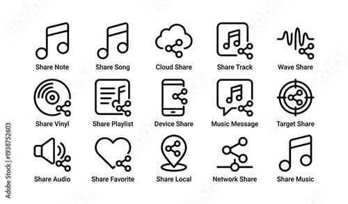Music and audio sharing icons set with cloud and device symbols