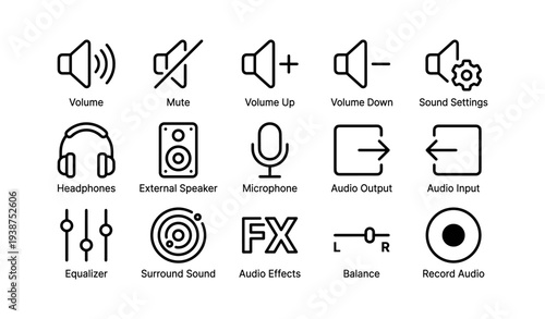 Audio control icons set: volume, mute, microphone, equalizer, sound settings