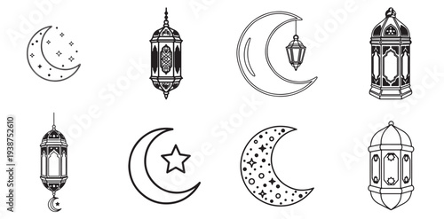 Set of 8 Ramadan and Eid Mubarak line art vector icons featuring crescent moons, stars, and traditional Arabic lanterns, perfect for Islamic holiday designs.
