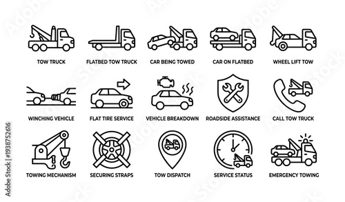 Tow trucks and vehicle services icons for roadside assistance and emergency towing