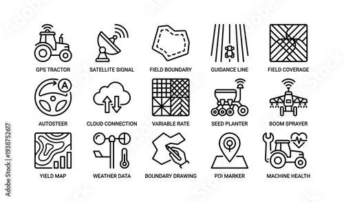 Precision agriculture icons: gps, satellite, tractor, sprayer, weather