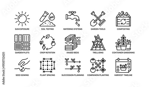 Garden planning icons: soil, watering, tools, compost, crop, raised beds, trellising, containers