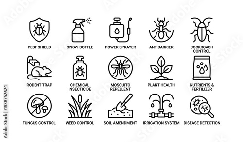 Pest and plant control icons: insecticide, sprayer, traps, repellent, fertilizer