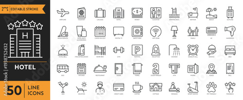 Hotel icons showcase various travel and industry related symbols on a white background