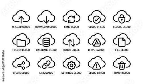 Cloud service icons: upload, download, sync, secure, database, backup, more