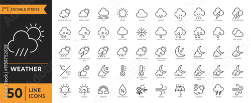 Weather icons depict various conditions and symbols on a white background