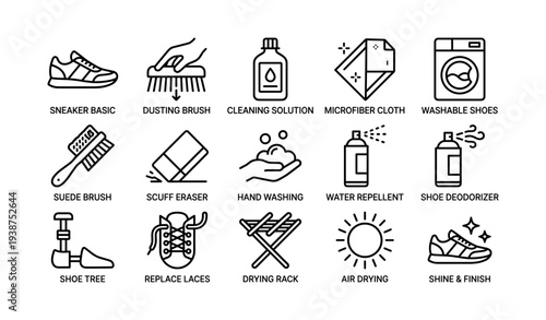 Shoe care icons: cleaning solutions, brushes, and drying for shoe maintenance