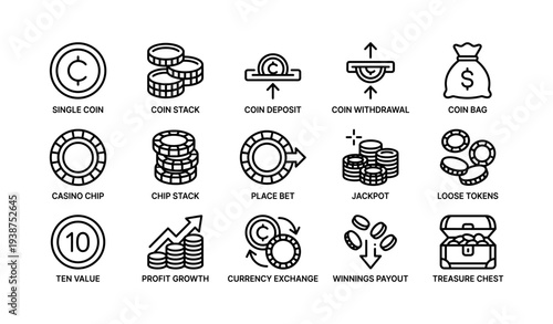 Casino icon set featuring coins, chips, and financial symbols