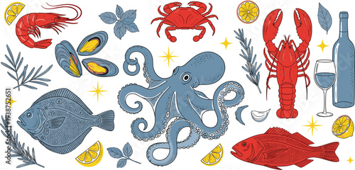 Seafood Illustration Set with Octopus, Lobster, Crab, Fish, Shrimp, Mussels, Lemon, and Wine Bottle for Restaurant Menu and Marine Food Design