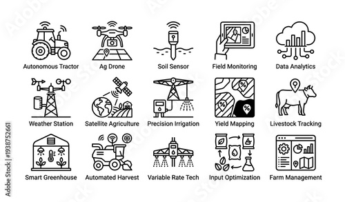 Modern farm technology icons: autonomous tractor, ag drone, soil sensor, field monitoring, data analytics
