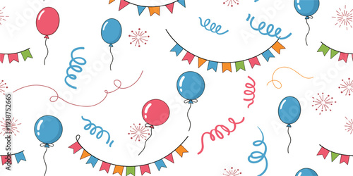Seamless Birthday Party Pattern with Balloons, Bunting Flags, Confetti and Streamers for Celebration Background, Gift Wrap and Festive Decoration Design