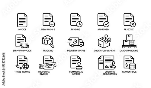 Invoice and shipping icons set: tracking, fulfillment, handling, and payment status