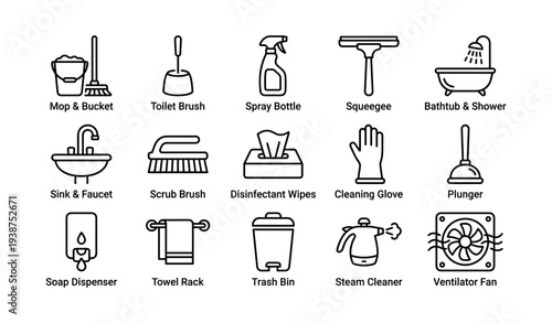 Cleaning tools and bathroom fixtures icons set: mop, brush, spray, squeegee, bathtub