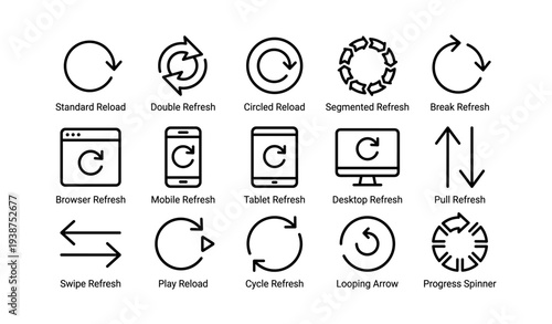 Set of refresh and reload symbols with various design styles