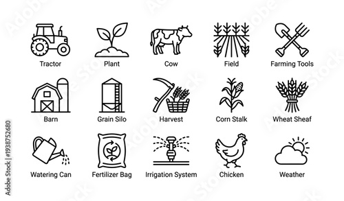 Agricultural icons: tractor, plant, cow, barn, and more farming symbols