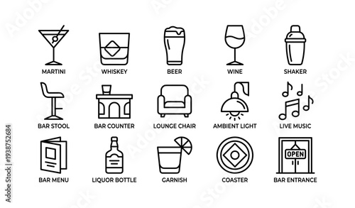 Bar icons set: martini, whiskey, beer, wine, shaker, seating, lighting, music