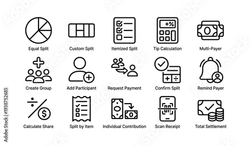 Icon set for payment management and calculation tools in finance apps