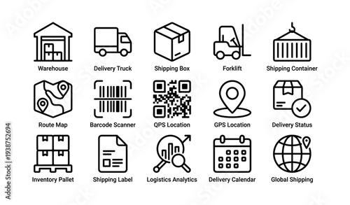 Logistics icons set: truck, forklift, barcode, global shipping
