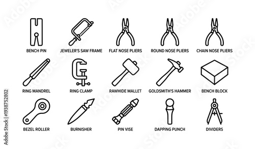 Jewelry making tools: pliers, mallet, hammer, mandrel, clamp, dividers