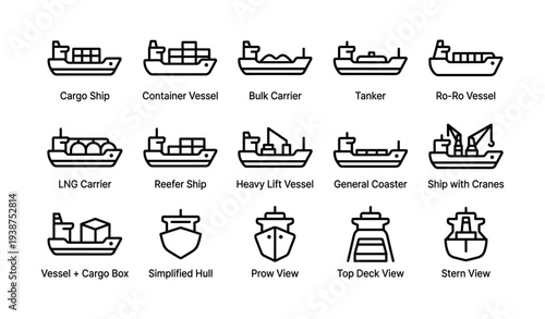 Icon set of various vessel types including cargo, tanker, and container ships