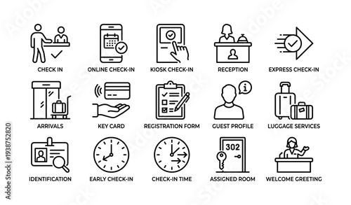 Hotel services icons: check-in, reception, luggage services, guest profile, room assignment