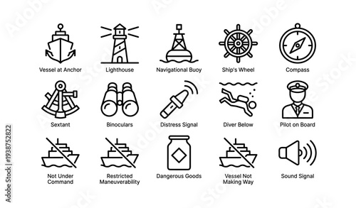 Maritime symbols and icons: ship, lighthouse, buoy, compass, binoculars, distress signal