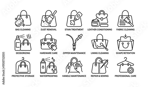 Comprehensive handbag maintenance icons for cleaning and care