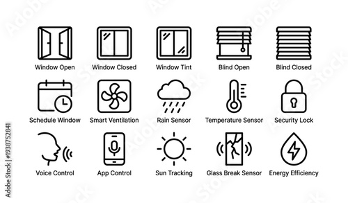 Smart home icons: windows, blinds, sensors, security, ventilation, energy