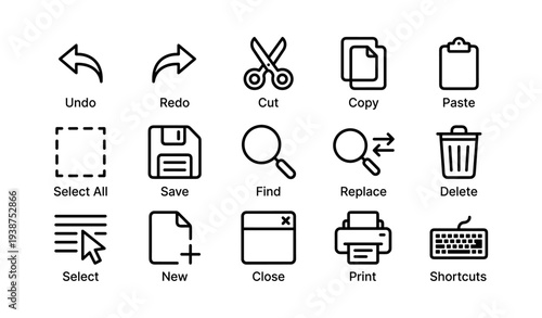 Essential computer icons: undo, redo, cut, copy, paste, save, delete, print, shortcuts