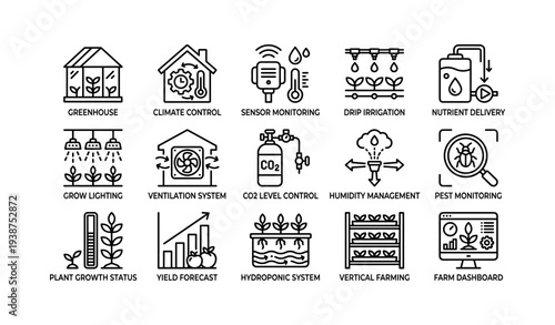 Smart farming icons: greenhouse, climate control, hydroponic systems, pest monitoring, yield forecast