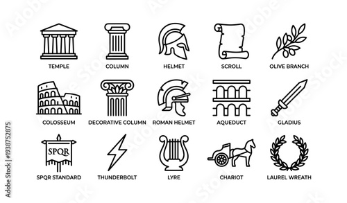 Ancient roman symbols: temple, colosseum, helmet, aqueduct, chariot representations