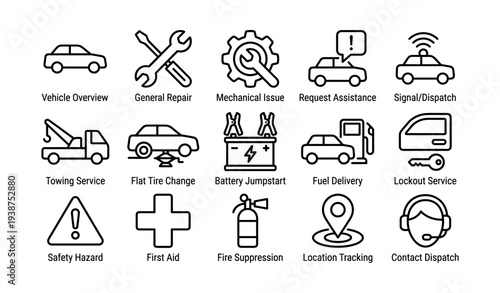 Automotive service icons: repair, assistance, safety, fuel, tracking, communication