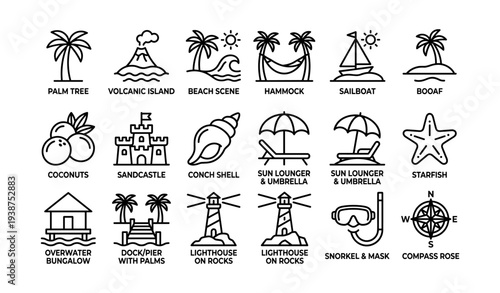 Icon set of tropical paradise elements including palm trees, hammocks, and lighthouses