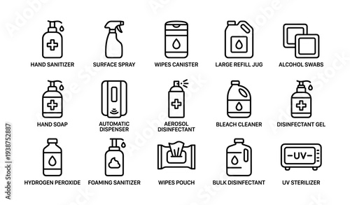 Line icons of cleaning and sanitizing products including hand sanitizer, spray, and disinfectant