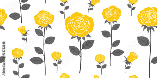 Seamless Yellow Rose Flower Pattern with Elegant Blooming Roses and Leaves for Floral Backgrounds, Textile Prints, Wrapping Paper, Wallpaper, and Decorative Vector Design
