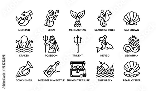 Nautical icons: mythical sea creatures and treasures