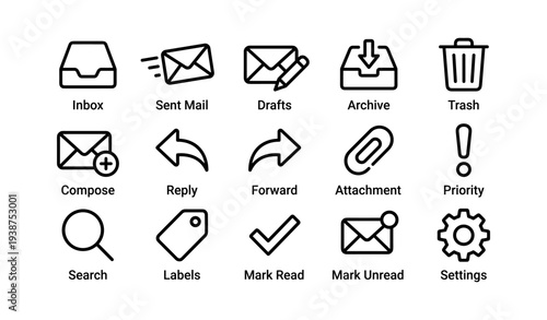 Email and messaging icons set for digital communication