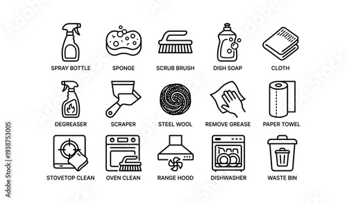 Essential kitchen cleaning tools icons: spray bottle, sponge, scrub brush, dish soap, cloth