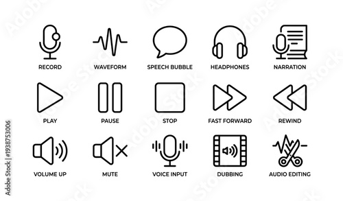 Audio and video icon set featuring microphone, headphones, playback, editing tools