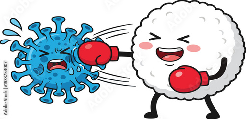 Strong Immune System Fighting Virus Cartoon Illustration with Cute Antibody Character Punching Germ Concept for Health Protection, Immunity, Medicine, and Disease Prevention
