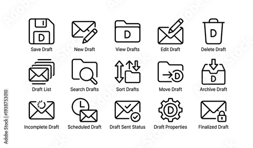 Email draft management icons: save, new, view, edit, delete, organize, archive, sort, search