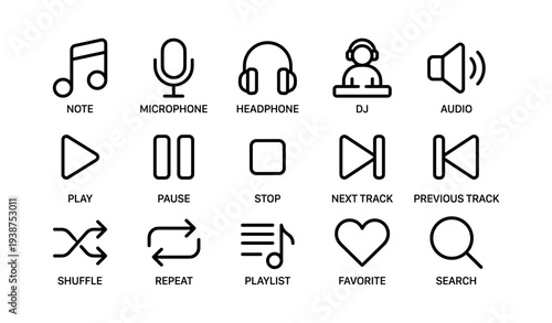 Music icon set with audio controls and playback features