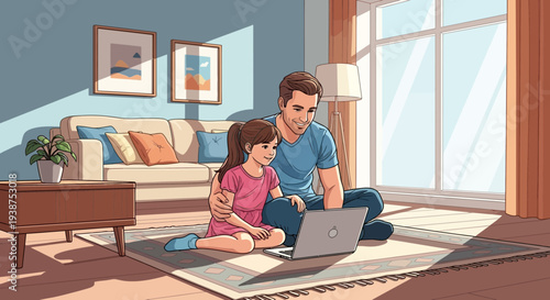 Man and child sitting on floor with laptop in living room