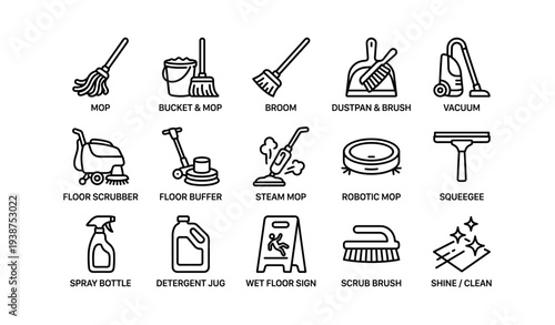 Cleaning equipment icons: mop, broom, vacuum, scrub brush, squeegee