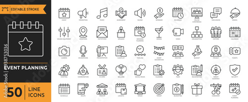 The event planning process involves organizing icons on a black and orange background with line icons.
