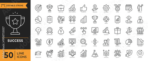 A digital illustration of various achievement icons and symbols, including a trophy, star, and graphs, displayed on a white background with a black and orange banner.