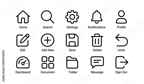 Minimalist icon set: home, search, settings, notifications, profile, edit, save