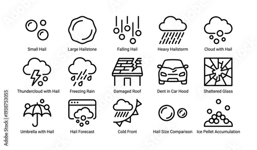 Weather icons depicting hail and thunderstorms with damage effects