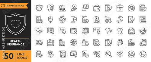 A collection of line icons depicting various health insurance related symbols and objects.