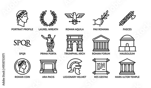 Collection of iconic roman symbols and architecture in black illustrations